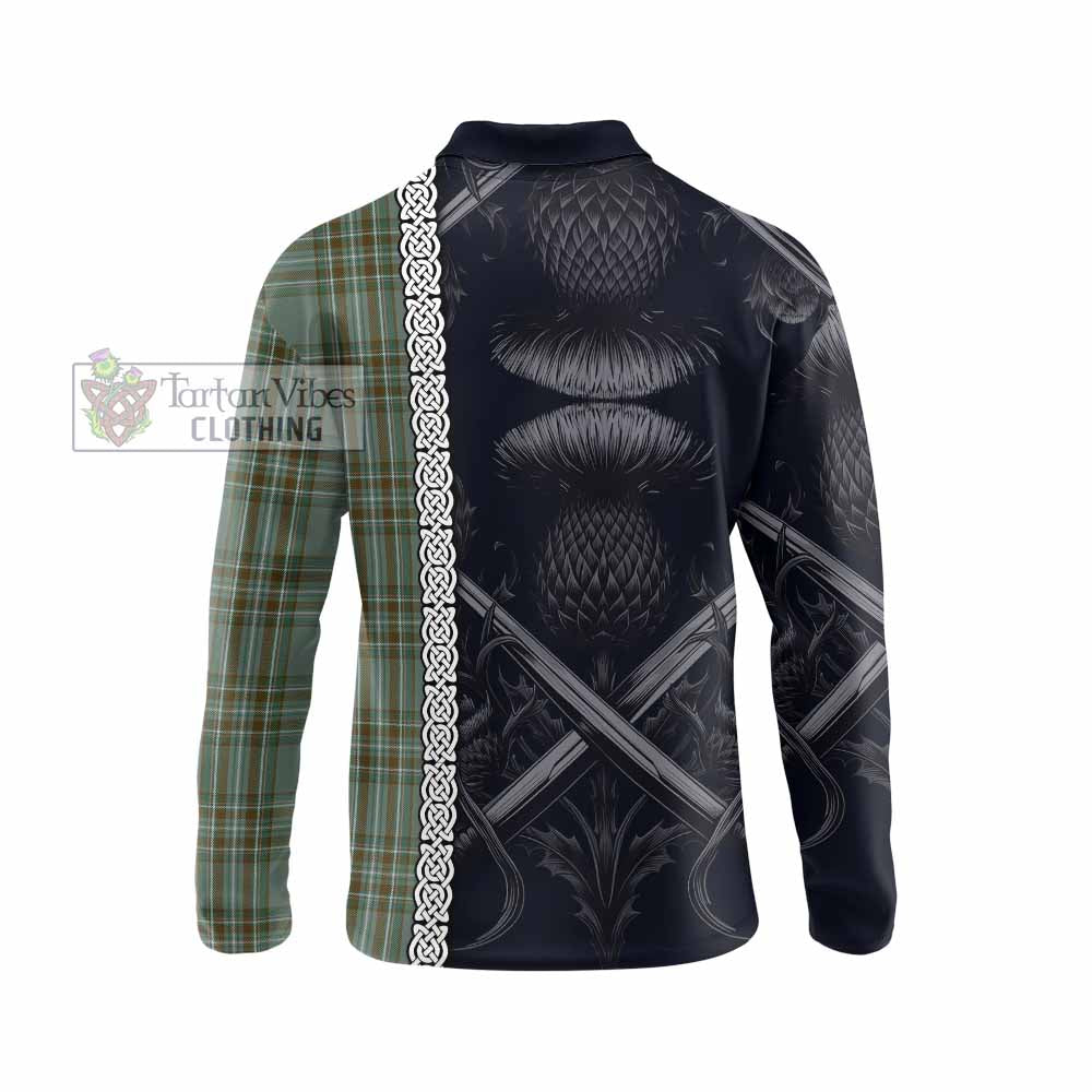 Tartan Vibes Clothing Kelly Tartan Long Sleeve Polo Shirt with Family Crest Cross Sword Thistle Celtic Vibes
