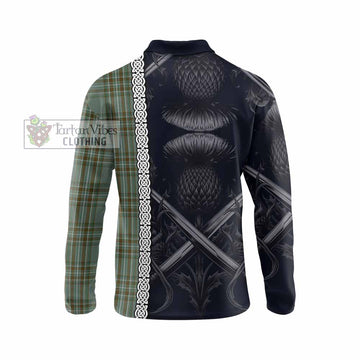 Tartan Vibes Clothing Kelly Tartan Long Sleeve Polo Shirt with Family Crest Cross Sword Thistle Celtic Vibes
