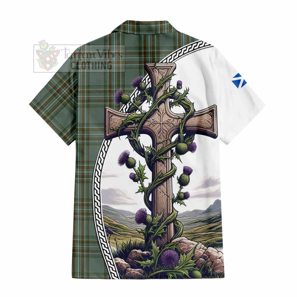 Tartan Vibes Clothing Kelly Tartan Short Sleeve Button Shirt with Family Crest and St. Andrew's Cross Accented by Thistle Vines