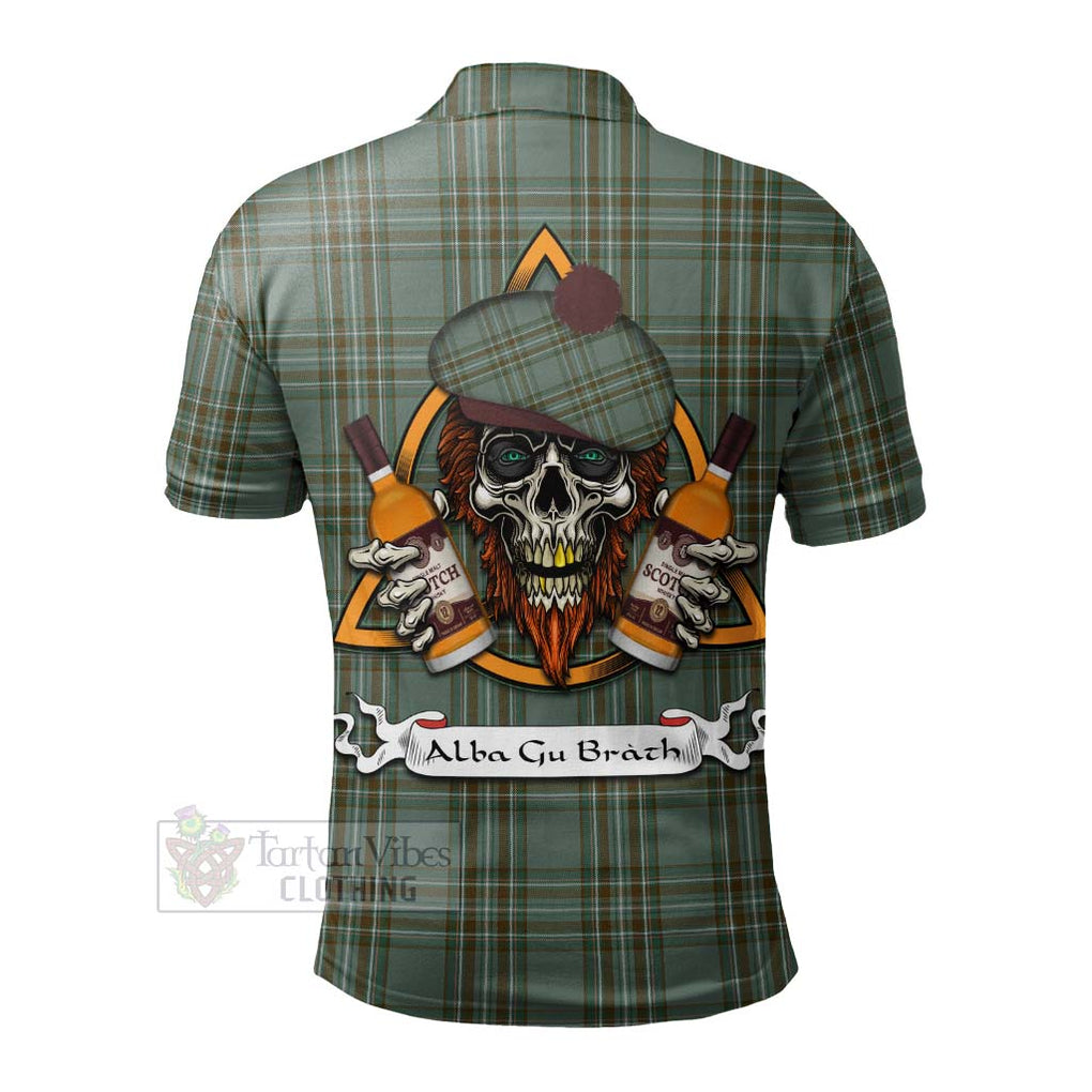 Tartan Vibes Clothing Kelly Tartan Polo Shirt with Family Crest and Bearded Skull Holding Bottles of Whiskey