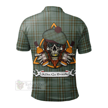 Tartan Vibes Clothing Kelly Tartan Polo Shirt with Family Crest and Bearded Skull Holding Bottles of Whiskey