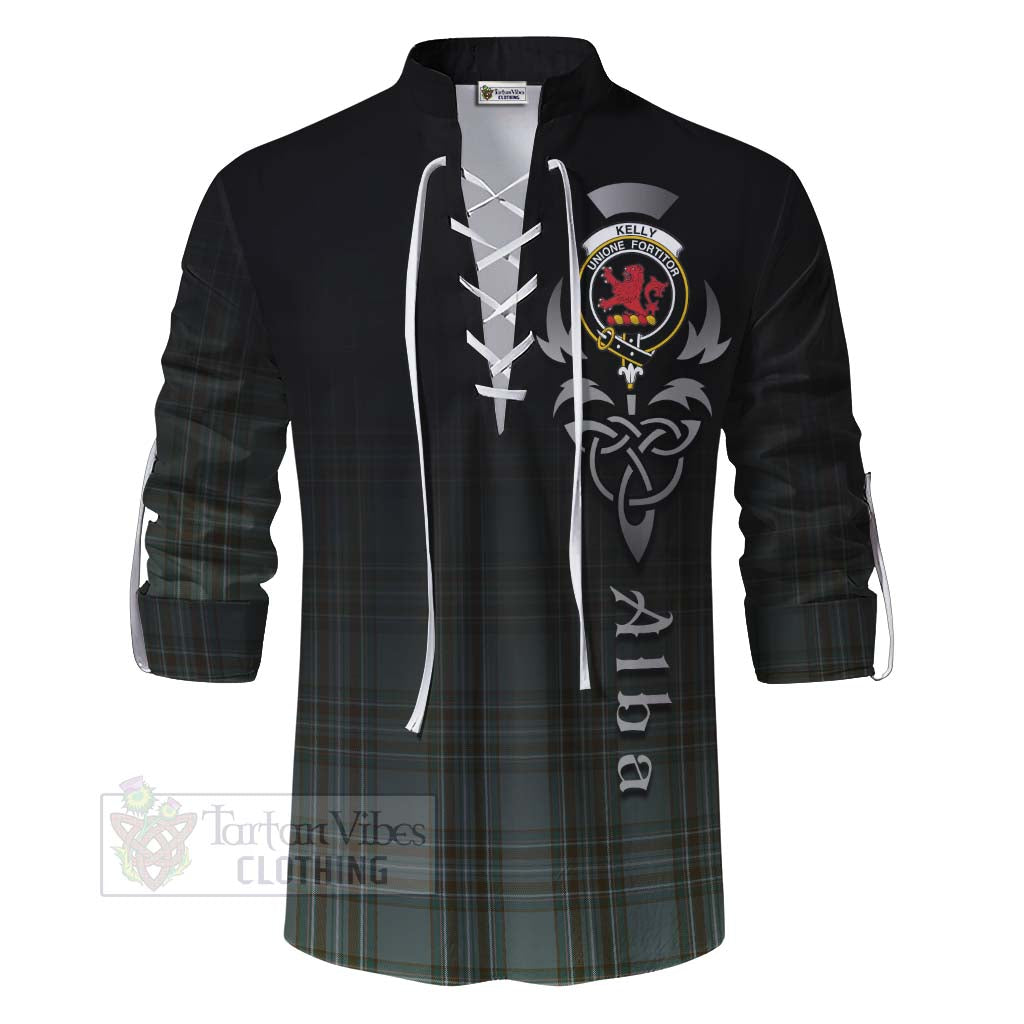 Tartan Vibes Clothing Kelly Tartan Ghillie Kilt Shirt Featuring Alba Gu Brath Family Crest Celtic Inspired