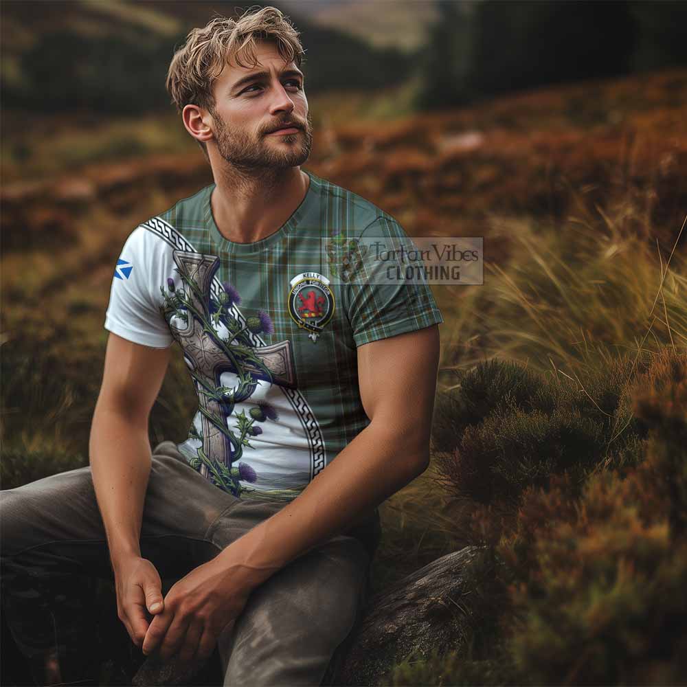 Tartan Vibes Clothing Kelly Agnew Tartan T-Shirt with Family Crest and St. Andrew's Cross Accented by Thistle Vines