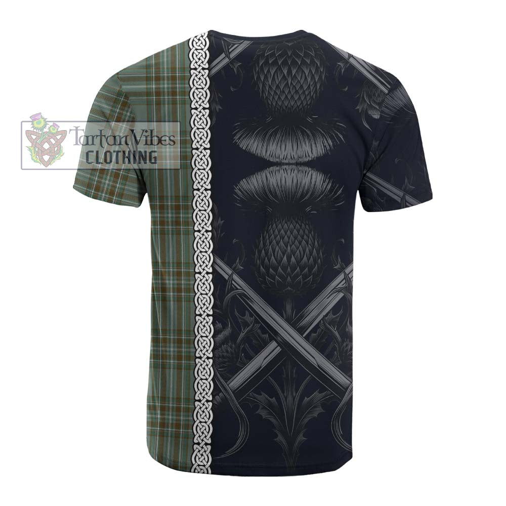 Tartan Vibes Clothing Kelly Tartan Cotton T-shirt with Family Crest Cross Sword Thistle Celtic Vibes