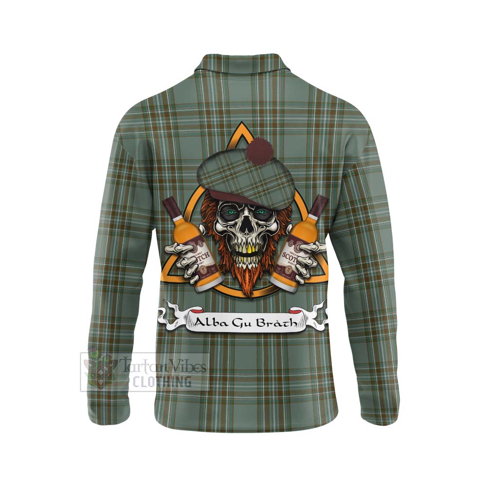Tartan Vibes Clothing Kelly Tartan Long Sleeve Polo Shirt with Family Crest and Bearded Skull Holding Bottles of Whiskey