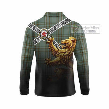 Tartan Vibes Clothing Kelly Crest Tartan Long Sleeve Polo Shirt with Golden Lion Emblem Celtic Style