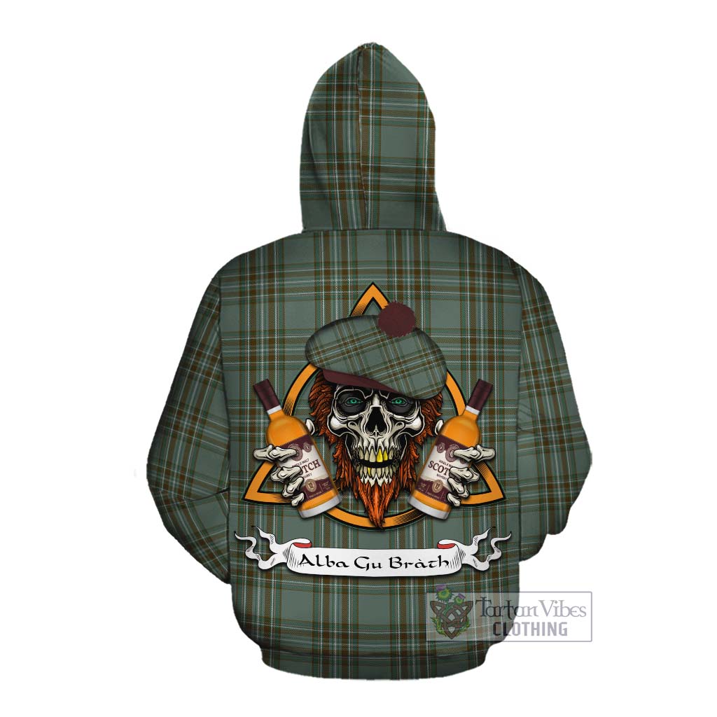 Tartan Vibes Clothing Kelly Tartan Cotton Hoodie with Family Crest and Bearded Skull Holding Bottles of Whiskey