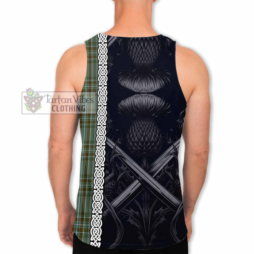 Tartan Vibes Clothing Kelly Tartan Men's Tank Top with Family Crest Cross Sword Thistle Celtic Vibes