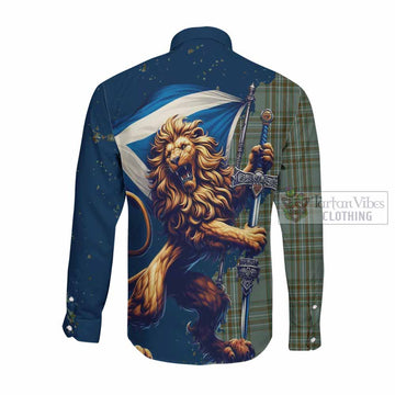 Tartan Vibes Clothing Kelly Tartan Family Crest Long Sleeve Button Shirt with Scottish Majestic Lion