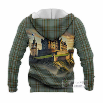 Tartan Vibes Clothing Kelly Tartan Family Crest Knitted Hoodie with Scottish Ancient Castle Style