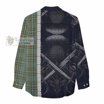 Tartan Vibes Clothing Kelly Tartan Women's Casual Shirt with Family Crest Cross Sword Thistle Celtic Vibes