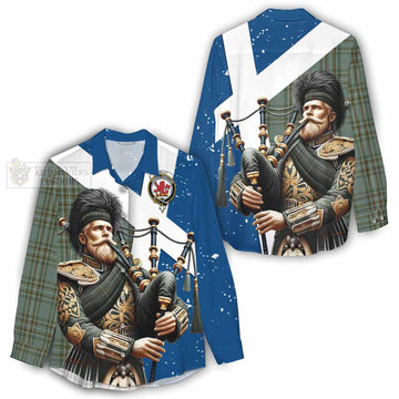 Tartan Vibes Clothing Kelly Tartan Women's Casual Shirt with Family Crest Scottish Bagpiper Vibes