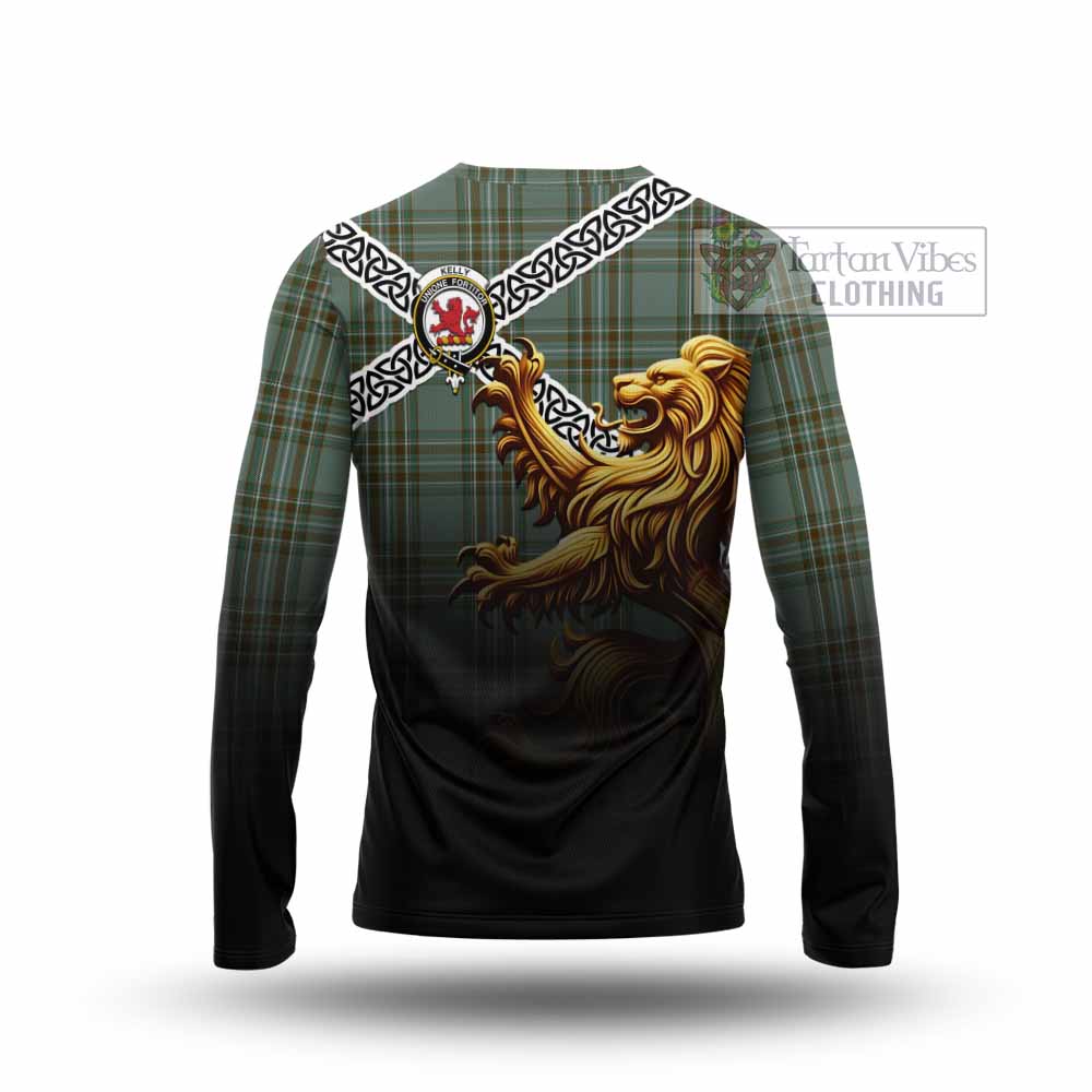 Tartan Vibes Clothing Kelly Crest Tartan Long Sleeve T-Shirt with Golden Lion Emblem Celtic Style