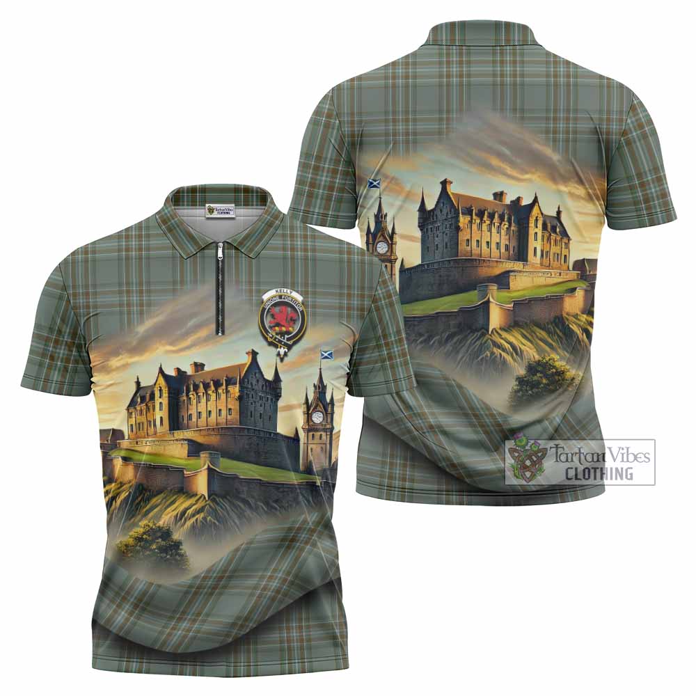 Tartan Vibes Clothing Kelly Tartan Family Crest Zipper Polo Shirt with Scottish Ancient Castle Stype