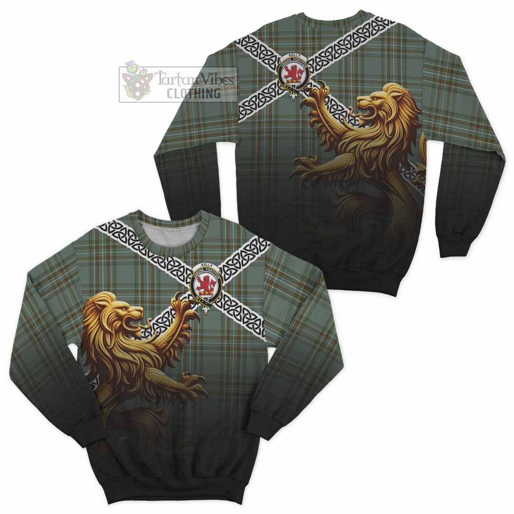 Tartan Vibes Clothing Kelly Crest Tartan Sweatshirt with Golden Lion Emblem Celtic Style