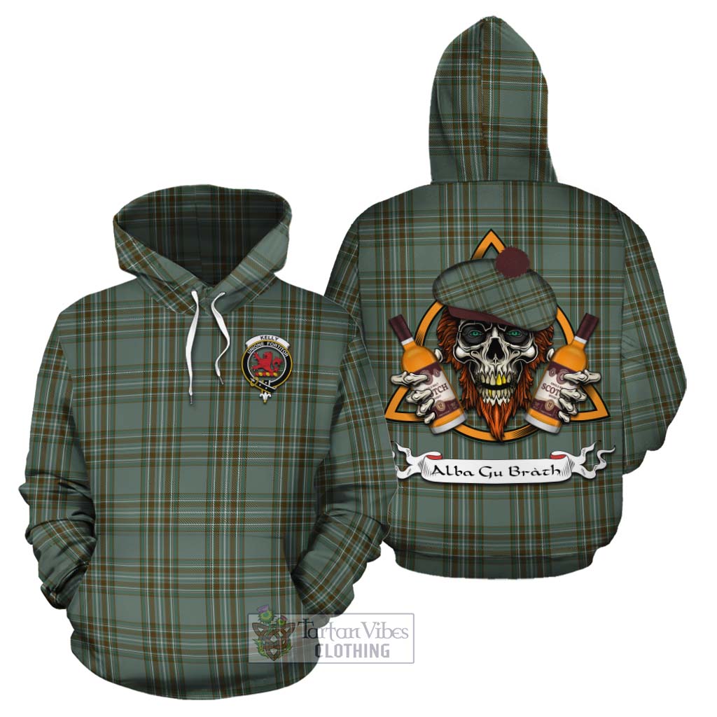 Tartan Vibes Clothing Kelly Tartan Cotton Hoodie with Family Crest and Bearded Skull Holding Bottles of Whiskey