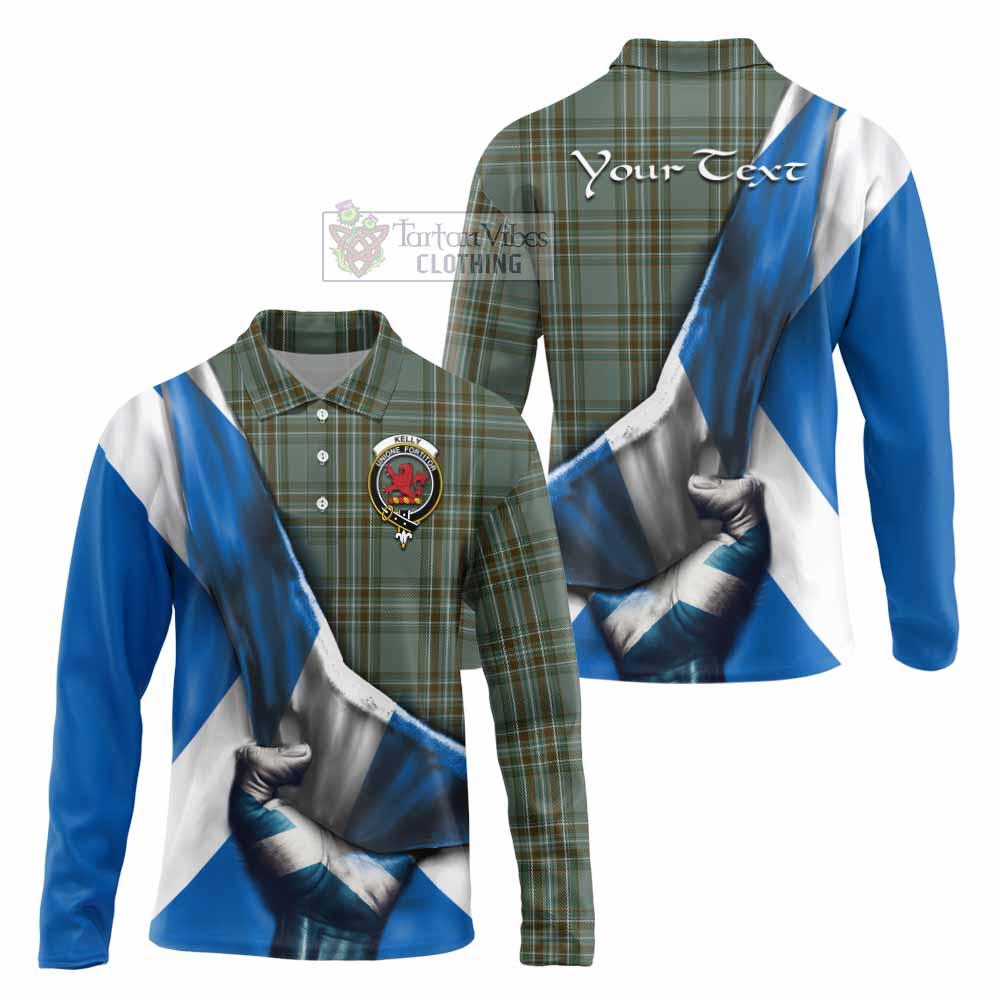 Tartan Vibes Clothing Kelly Tartan Long Sleeve Polo Shirt with Family Crest Scotland Patriotic Style