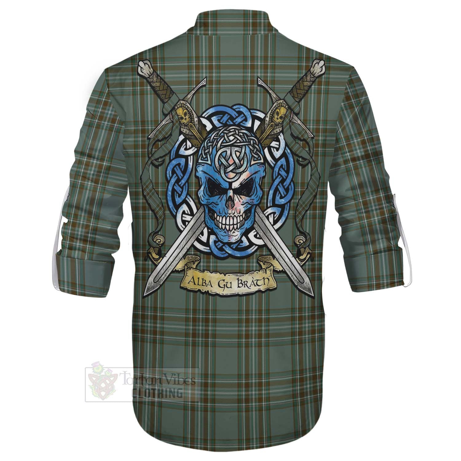 Tartan Vibes Clothing Kelly Tartan Ghillie Kilt Shirt with Family Crest Celtic Skull Style