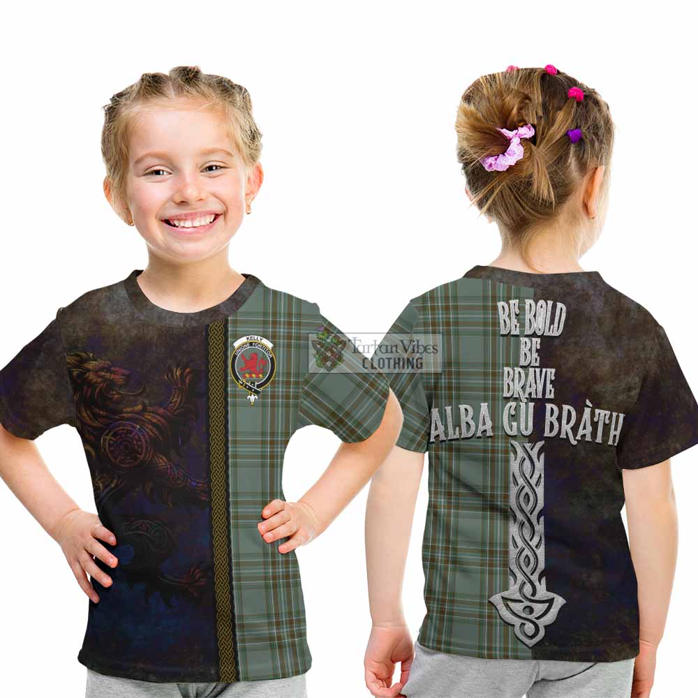 Tartan Vibes Clothing Kelly Tartan Family Crest Kid T-Shirt Alba Gu Brath Be Brave Lion Ancient Style