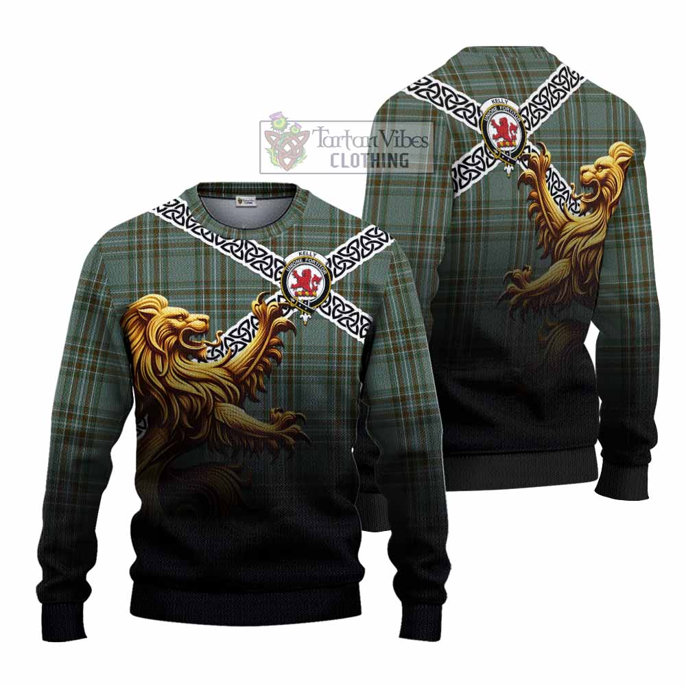 Tartan Vibes Clothing Kelly Crest Tartan Knitted Sweater with Golden Lion Emblem Celtic Style