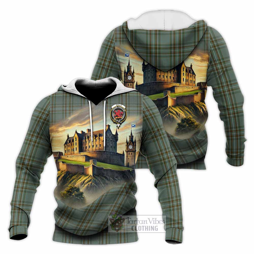 Tartan Vibes Clothing Kelly Tartan Family Crest Knitted Hoodie with Scottish Ancient Castle Style