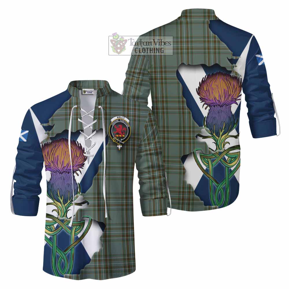 Tartan Vibes Clothing Kelly Tartan Family Crest Ghillie Kilt Shirt Scottish Thistle Celtic Inspired