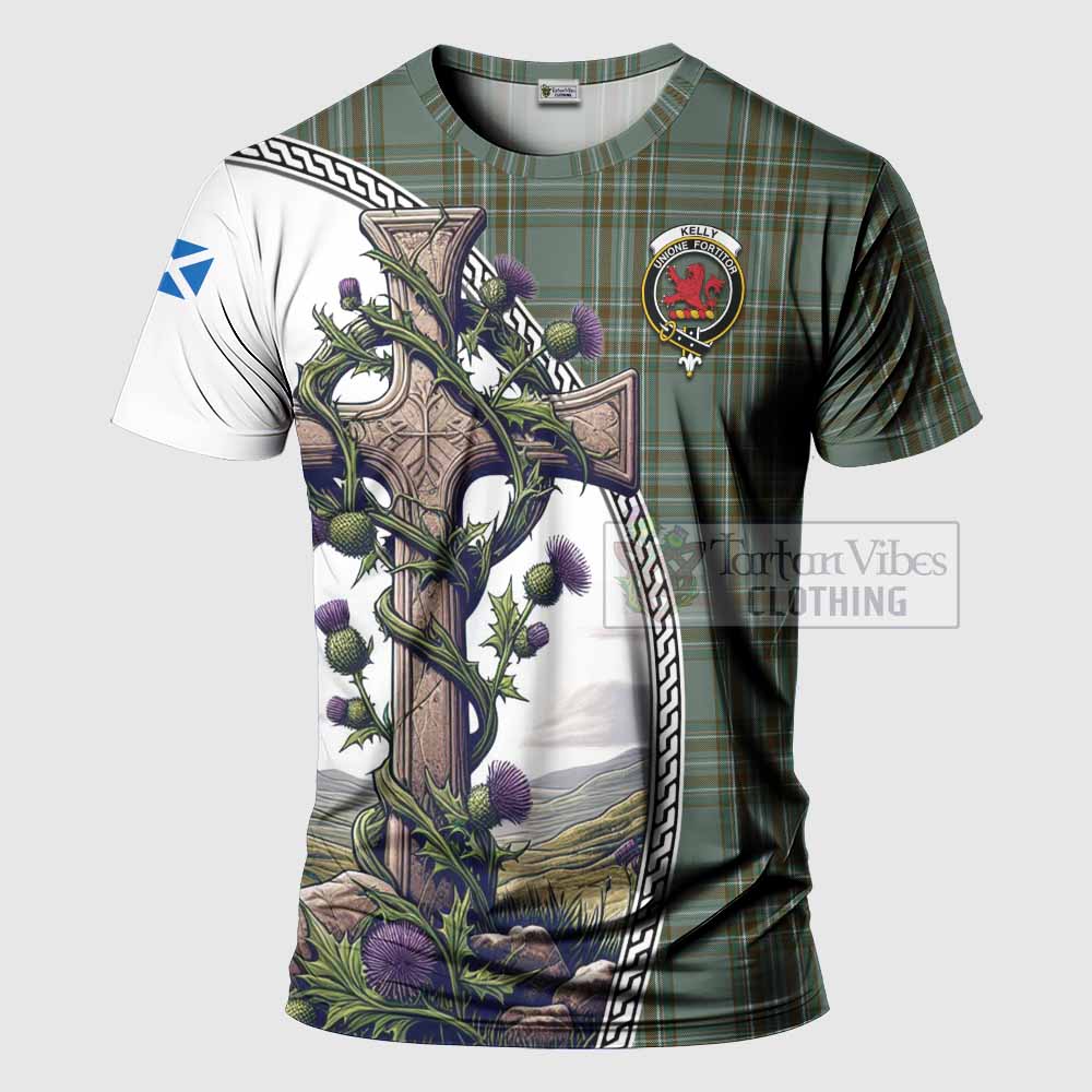 Tartan Vibes Clothing Kelly Agnew Tartan T-Shirt with Family Crest and St. Andrew's Cross Accented by Thistle Vines