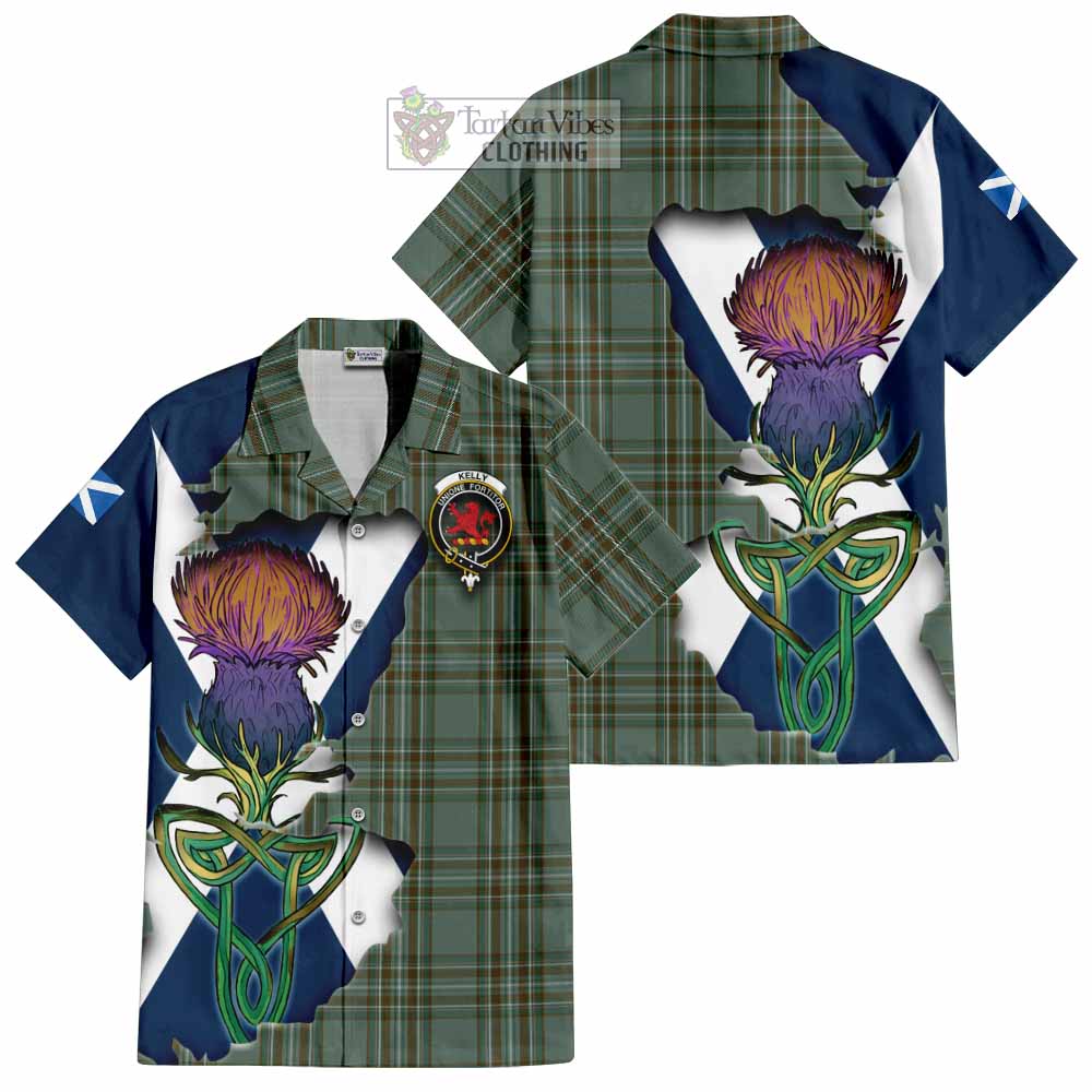 Tartan Vibes Clothing Kelly Tartan Family Crest Short Sleeve Button Shirt Scottish Thistle Celtic Inspired