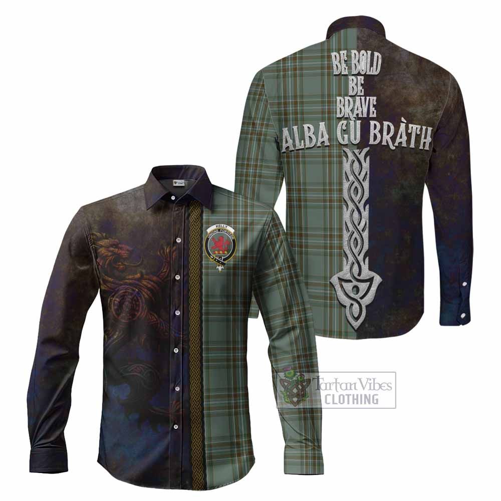 Tartan Vibes Clothing Kelly Tartan Family Crest Long Sleeve Button Shirt Alba Gu Brath Be Brave Lion Ancient Style