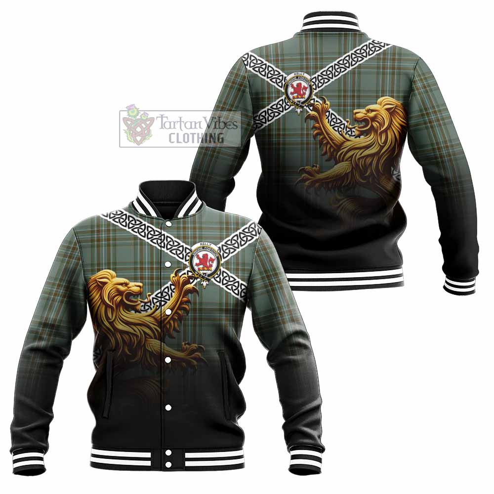 Tartan Vibes Clothing Kelly Crest Tartan Baseball Jacket with Golden Lion Emblem Celtic Style