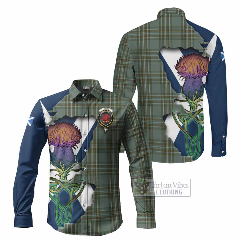 Tartan Vibes Clothing Kelly Tartan Family Crest Long Sleeve Button Shirt Scottish Thistle Celtic Inspired