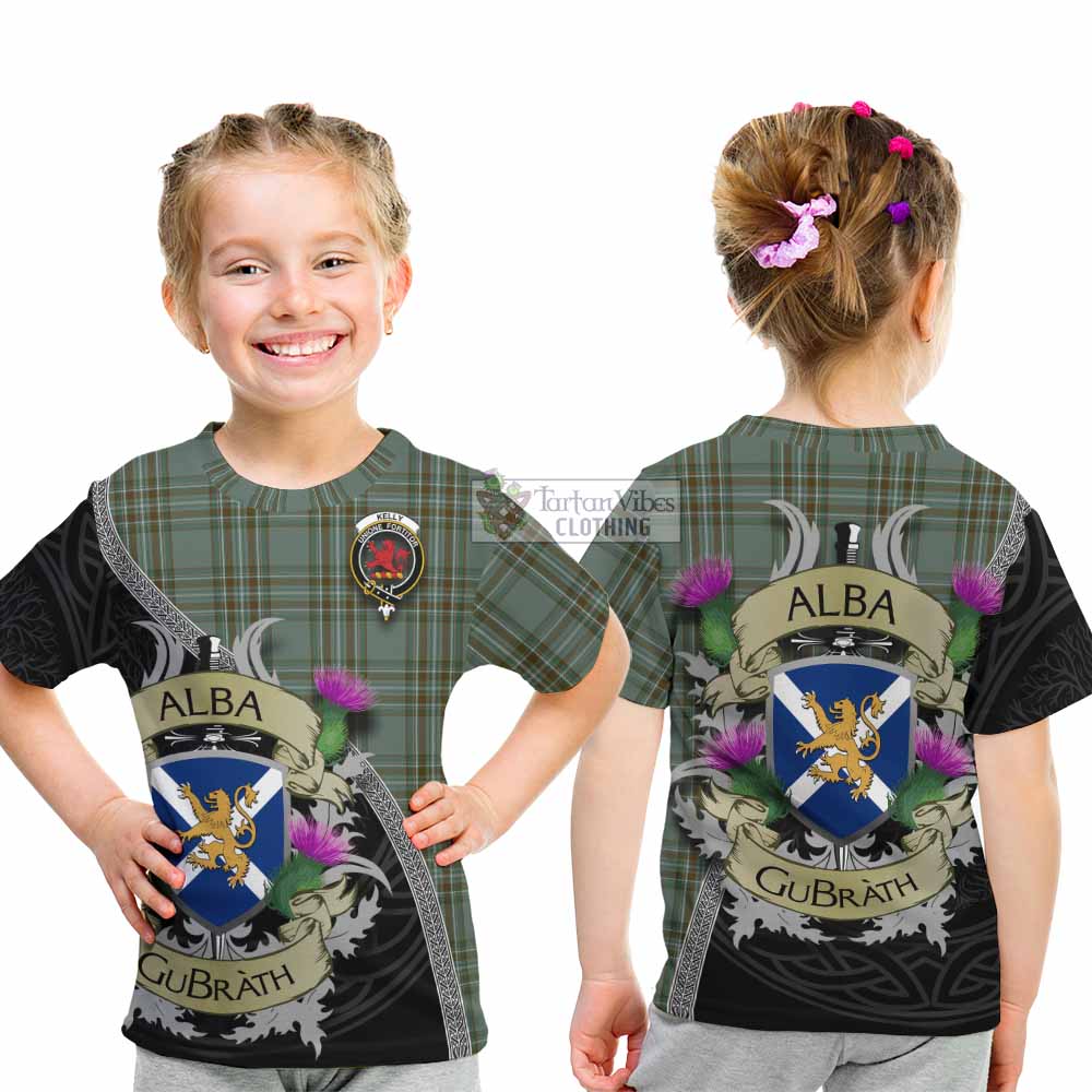 Tartan Vibes Clothing Kelly Tartan Family Crest Kid T-Shirt Lion Rampant Royal Thistle Shield Celtic Inspired