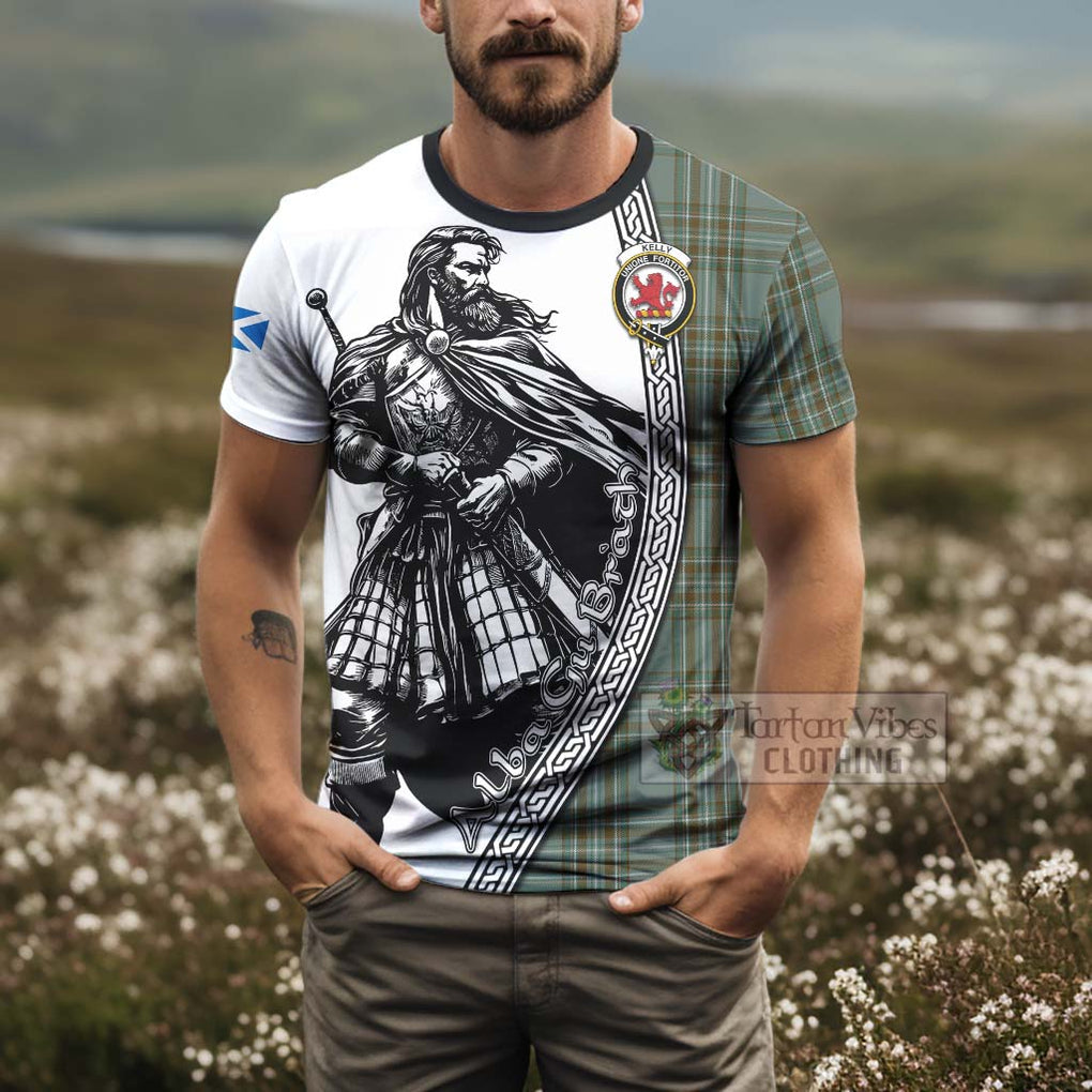 Tartan Vibes Clothing Kelly Tartan Clan Crest T-Shirt with Highlander Warrior Celtic Style
