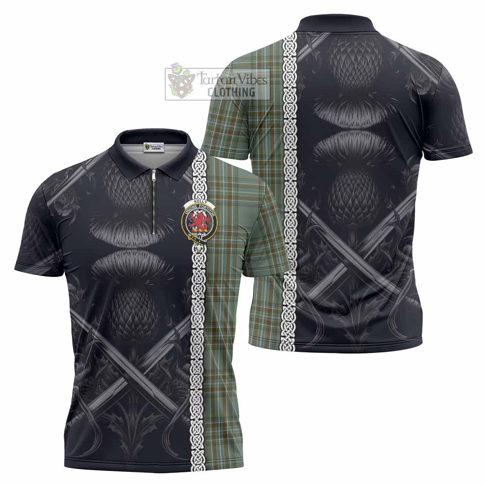 Tartan Vibes Clothing Kelly Tartan Zipper Polo Shirt with Family Crest Cross Sword Thistle Celtic Vibes