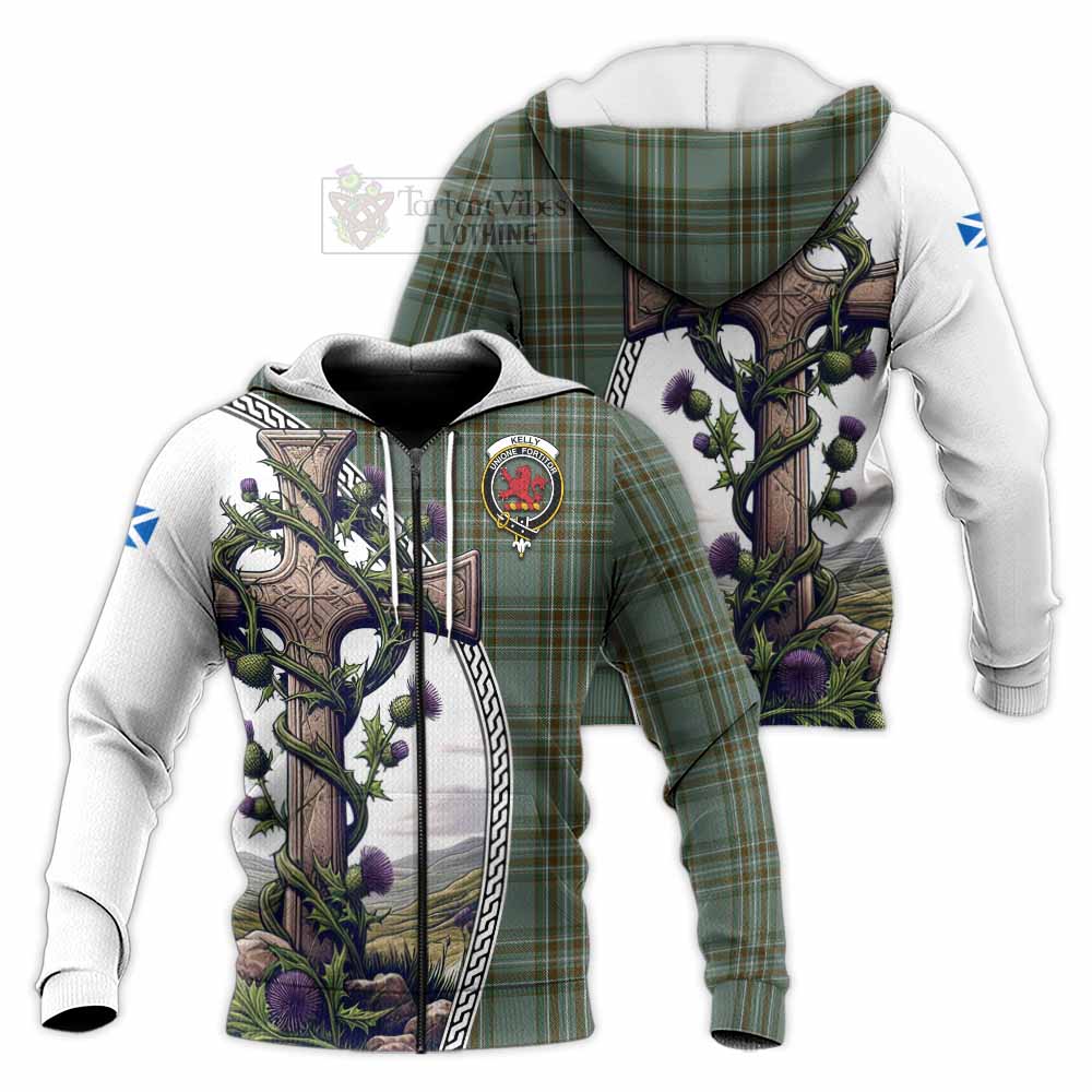 Tartan Vibes Clothing Kelly Tartan Knitted Hoodie with Family Crest and St. Andrew's Cross Accented by Thistle Vines