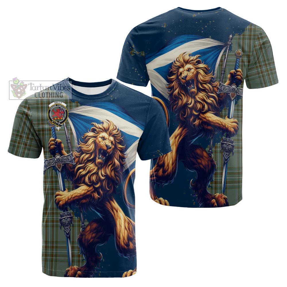 Tartan Vibes Clothing Kelly Tartan Family Crest Cotton T-shirt with Scottish Majestic Lion