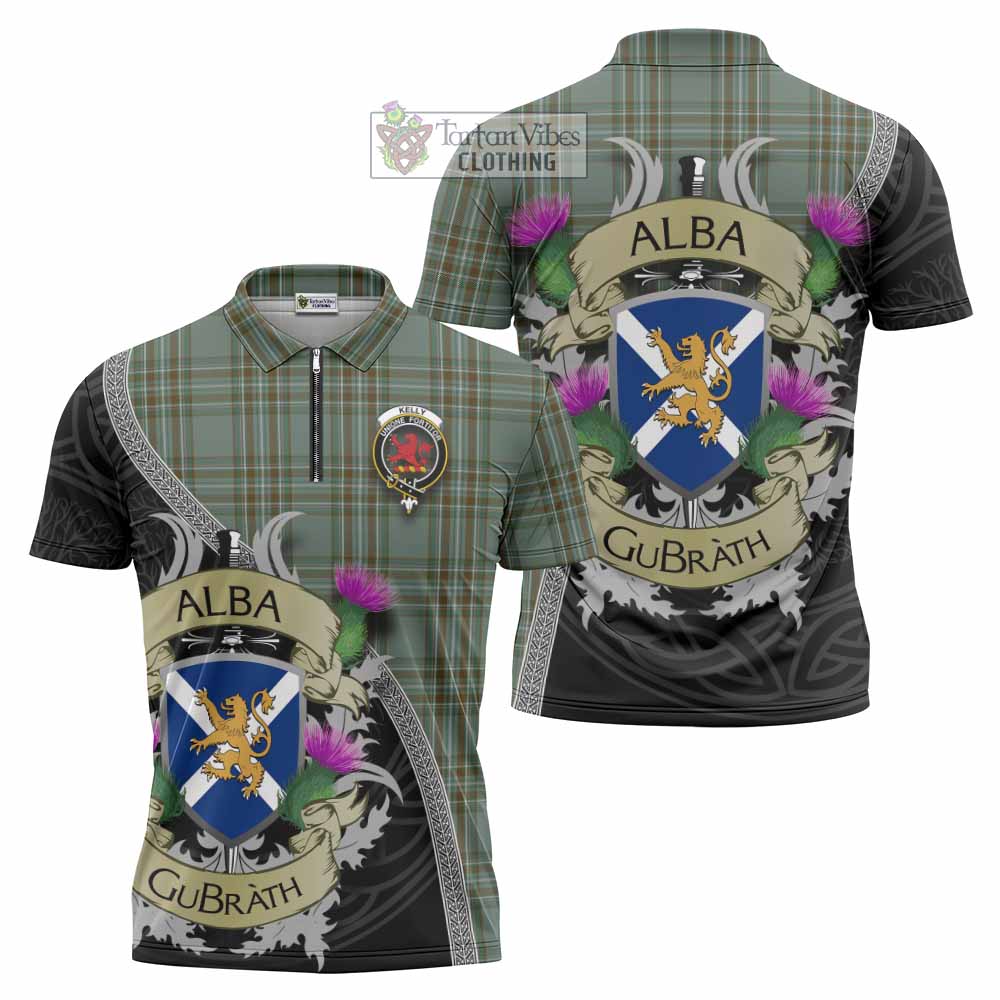 Tartan Vibes Clothing Kelly Tartan Family Crest Zipper Polo Shirt Lion Rampant Royal Thistle Shield Celtic Inspired
