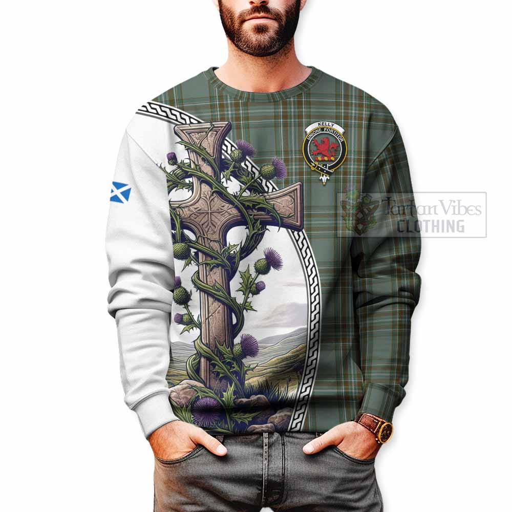 Tartan Vibes Clothing Kelly Tartan Sweatshirt with Family Crest and St. Andrew's Cross Accented by Thistle Vines
