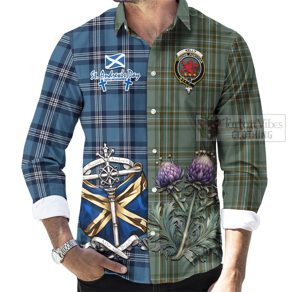 Tartan Vibes Clothing Kelly Tartan Long Sleeve Button Shirt Happy St. Andrew's Day Half Tartan Style