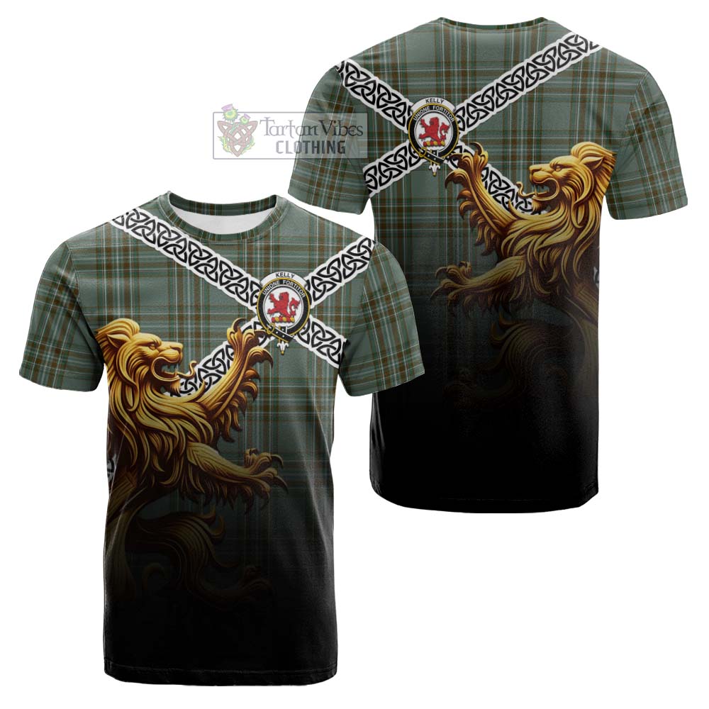 Tartan Vibes Clothing Kelly Crest Tartan Cotton T-shirt with Golden Lion Emblem Celtic Style