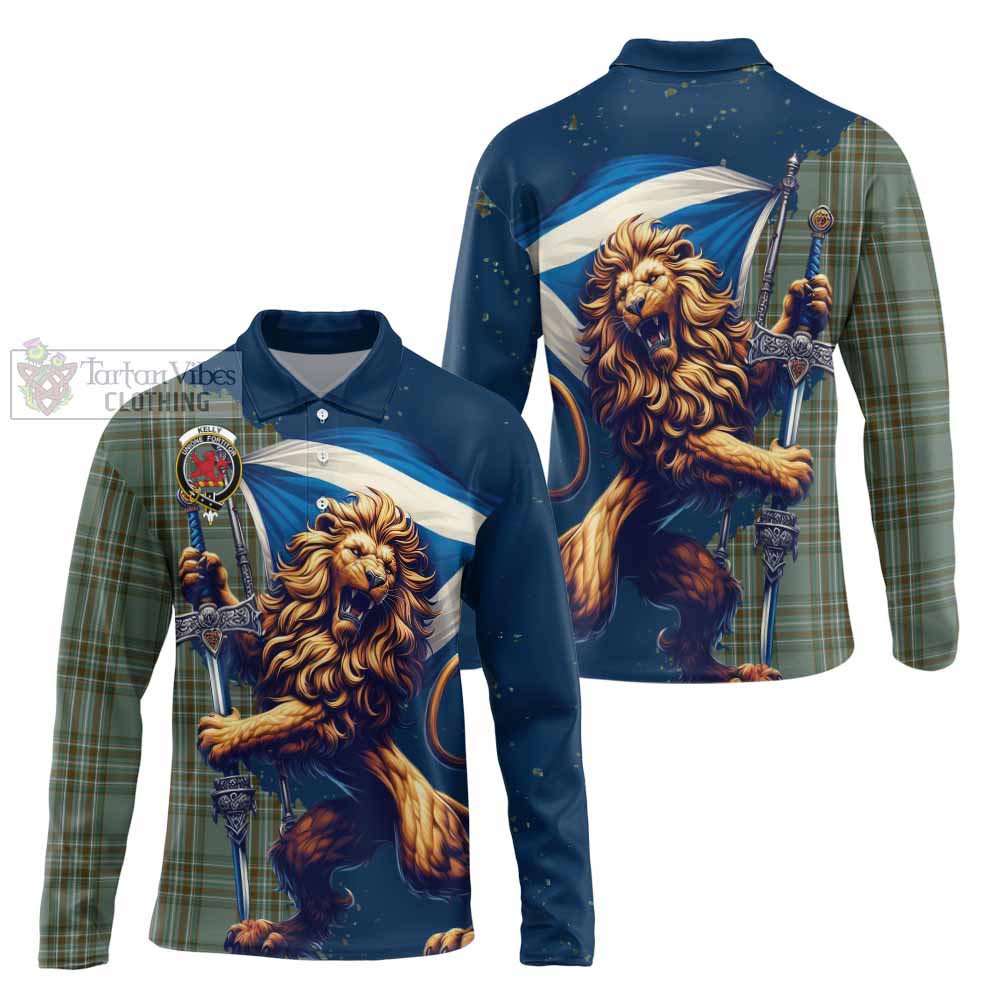 Tartan Vibes Clothing Kelly Tartan Family Crest Long Sleeve Polo Shirt with Scottish Majestic Lion
