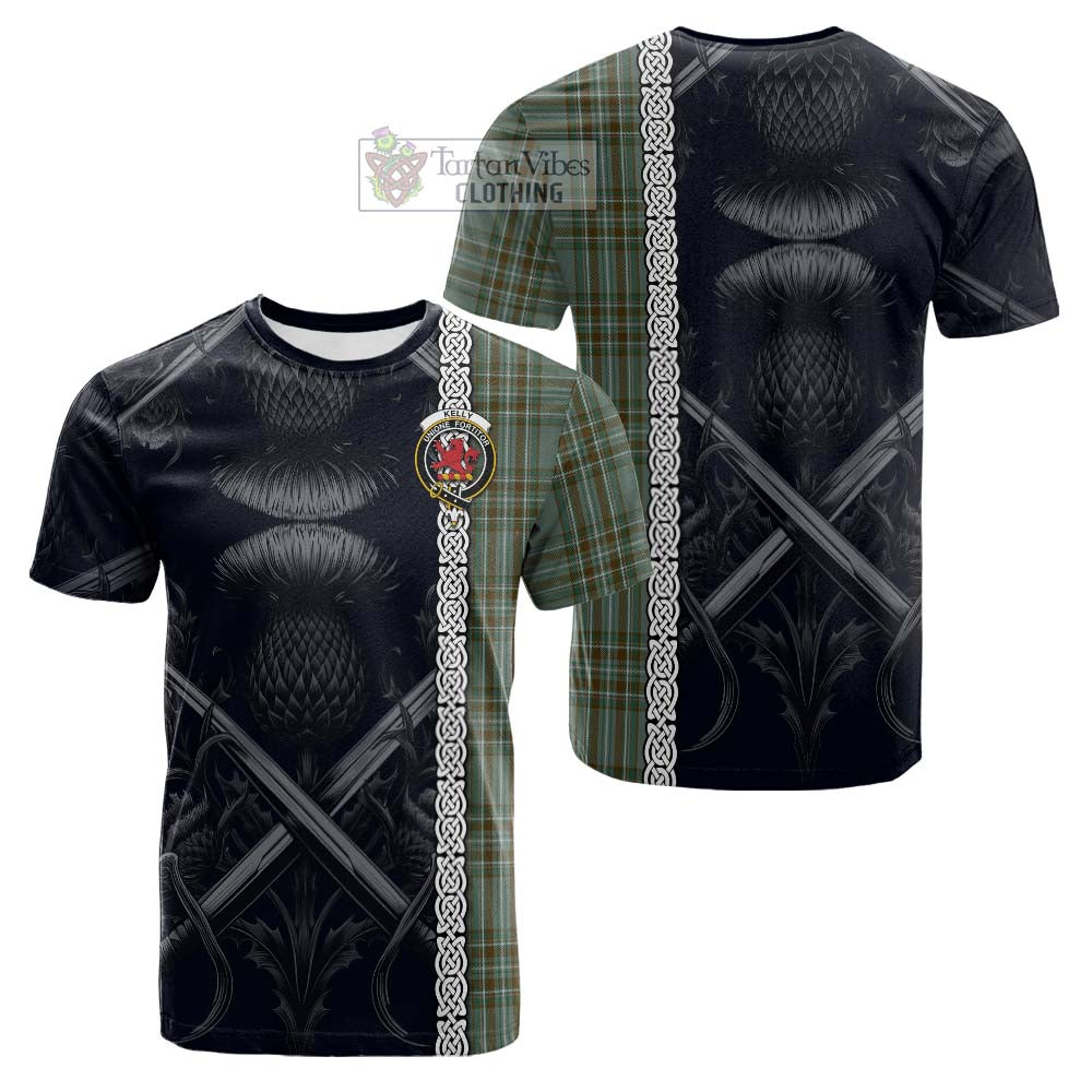 Tartan Vibes Clothing Kelly Tartan Cotton T-shirt with Family Crest Cross Sword Thistle Celtic Vibes