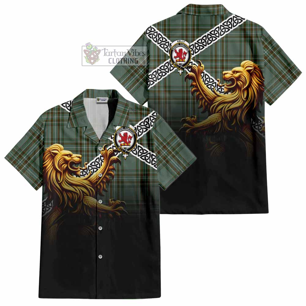 Tartan Vibes Clothing Kelly Crest Tartan Short Sleeve Button Shirt with Golden Lion Emblem Celtic Style