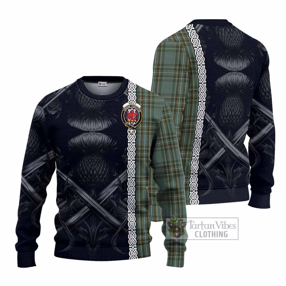 Tartan Vibes Clothing Kelly Tartan Knitted Sweater with Family Crest Cross Sword Thistle Celtic Vibes