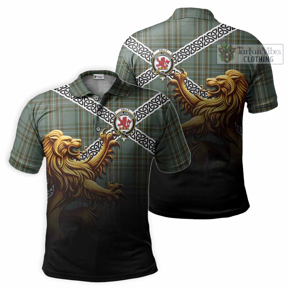 Tartan Vibes Clothing Kelly Crest Tartan Polo Shirt with Golden Lion Emblem Celtic Style