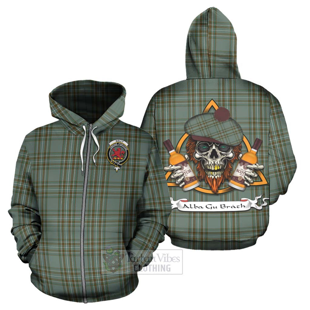 Tartan Vibes Clothing Kelly Tartan Hoodie with Family Crest and Bearded Skull Holding Bottles of Whiskey