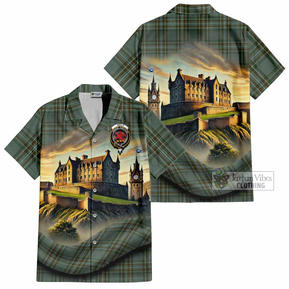 Tartan Vibes Clothing Kelly Tartan Family Crest Short Sleeve Button Shirt with Scottish Ancient Castle Style