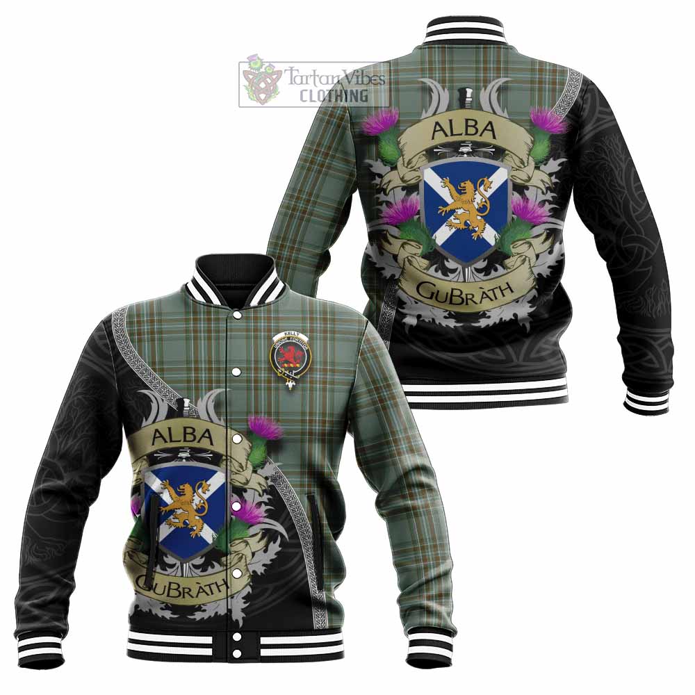 Tartan Vibes Clothing Kelly Tartan Family Crest Baseball Jacket Lion Rampant Royal Thistle Shield Celtic Inspired