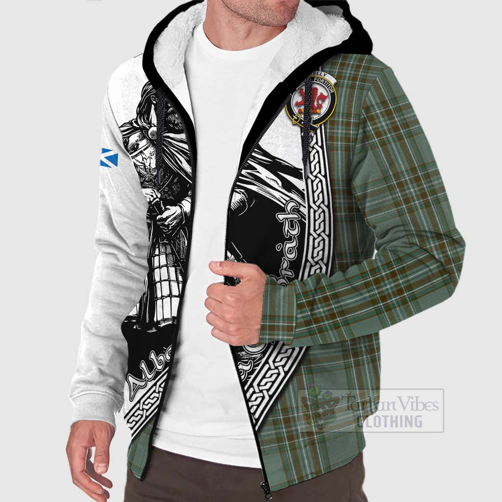 Tartan Vibes Clothing Kelly Tartan Clan Crest Sherpa Hoodie with Highlander Warrior Celtic Style