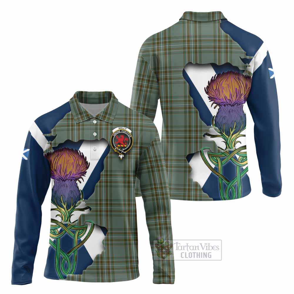 Tartan Vibes Clothing Kelly Tartan Family Crest Long Sleeve Polo Shirt Scottish Thistle Celtic Inspired